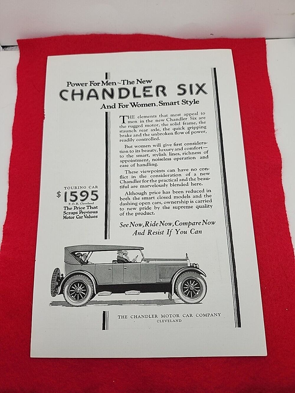 1922 Chandler Six: Power for Men and Women Smart Style Vintage Print Ad Ephemera